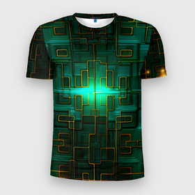 Мужская футболка 3D Slim с принтом Тёмно зелёная электросхема в Екатеринбурге, 100% полиэстер с улучшенными характеристиками | приталенный силуэт, круглая горловина, широкие плечи, сужается к линии бедра | Тематика изображения на принте: 