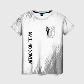 Женская футболка 3D с принтом Attack on Titan glitch на светлом фоне: надпись, символ в Петрозаводске, 100% полиэфир ( синтетическое хлопкоподобное полотно) | прямой крой, круглый вырез горловины, длина до линии бедер | 