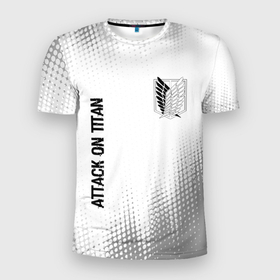 Мужская футболка 3D Slim с принтом Attack on Titan glitch на светлом фоне: надпись, символ в Петрозаводске, 100% полиэстер с улучшенными характеристиками | приталенный силуэт, круглая горловина, широкие плечи, сужается к линии бедра | 