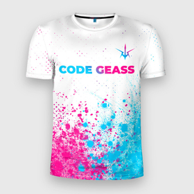 Мужская футболка 3D Slim с принтом Code Geass neon gradient style: символ сверху в Белгороде, 100% полиэстер с улучшенными характеристиками | приталенный силуэт, круглая горловина, широкие плечи, сужается к линии бедра | 