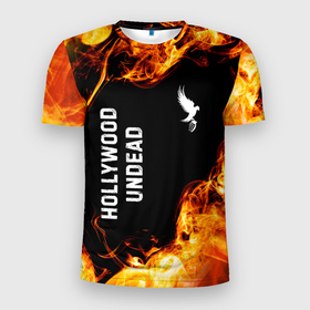 Мужская футболка 3D Slim с принтом Hollywood Undead и пылающий огонь в Екатеринбурге, 100% полиэстер с улучшенными характеристиками | приталенный силуэт, круглая горловина, широкие плечи, сужается к линии бедра | 