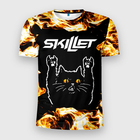Мужская футболка 3D Slim с принтом Skillet рок кот и огонь в Петрозаводске, 100% полиэстер с улучшенными характеристиками | приталенный силуэт, круглая горловина, широкие плечи, сужается к линии бедра | Тематика изображения на принте: 