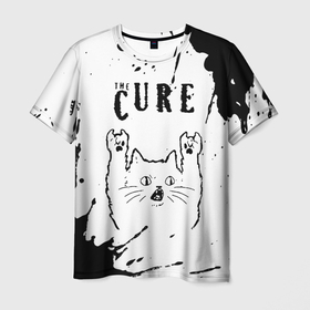 Мужская футболка 3D с принтом The Cure рок кот на светлом фоне в Петрозаводске, 100% полиэфир | прямой крой, круглый вырез горловины, длина до линии бедер | 