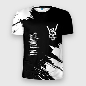 Мужская футболка 3D Slim с принтом In Flames и рок символ на темном фоне в Курске, 100% полиэстер с улучшенными характеристиками | приталенный силуэт, круглая горловина, широкие плечи, сужается к линии бедра | 