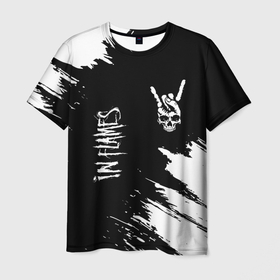 Мужская футболка 3D с принтом In Flames и рок символ на темном фоне в Курске, 100% полиэфир | прямой крой, круглый вырез горловины, длина до линии бедер | Тематика изображения на принте: 