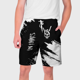 Мужские шорты 3D с принтом In Flames и рок символ на темном фоне в Курске,  полиэстер 100% | прямой крой, два кармана без застежек по бокам. Мягкая трикотажная резинка на поясе, внутри которой широкие завязки. Длина чуть выше колен | 