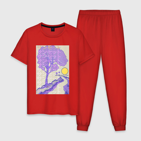 Мужская пижама хлопок с принтом Солнечный закат аниме в Екатеринбурге, 100% хлопок | брюки и футболка прямого кроя, без карманов, на брюках мягкая резинка на поясе и по низу штанин
 | 