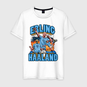 Мужская футболка хлопок с принтом Эрлинг Холанд Манчестер Сити 9 , 100% хлопок | прямой крой, круглый вырез горловины, длина до линии бедер, слегка спущенное плечо. | 