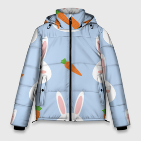 Мужская зимняя куртка 3D с принтом Зайчики и морковки в Петрозаводске, верх — 100% полиэстер; подкладка — 100% полиэстер; утеплитель — 100% полиэстер | длина ниже бедра, свободный силуэт Оверсайз. Есть воротник-стойка, отстегивающийся капюшон и ветрозащитная планка. 

Боковые карманы с листочкой на кнопках и внутренний карман на молнии. | Тематика изображения на принте: 
