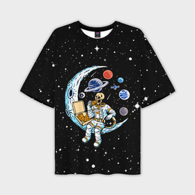 Мужская футболка oversize 3D с принтом Skeleton astronaut eats pizza while sitting on the moon в Курске,  |  | 