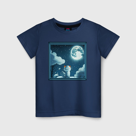 Детская футболка хлопок с принтом Котенок и луна в Кировске, 100% хлопок | круглый вырез горловины, полуприлегающий силуэт, длина до линии бедер | 