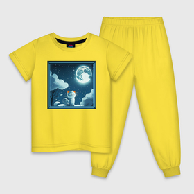 Детская пижама хлопок с принтом Котенок и луна в Санкт-Петербурге, 100% хлопок |  брюки и футболка прямого кроя, без карманов, на брюках мягкая резинка на поясе и по низу штанин
 | 