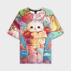 Мужская футболка oversize 3D с принтом Клубничное мороженое и котик в Курске,  |  | 
