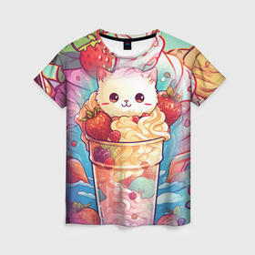 Женская футболка 3D с принтом Клубничное мороженое и котик в Кировске, 100% полиэфир ( синтетическое хлопкоподобное полотно) | прямой крой, круглый вырез горловины, длина до линии бедер | 