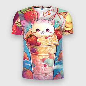 Мужская футболка 3D Slim с принтом Клубничное мороженое и котик в Тюмени, 100% полиэстер с улучшенными характеристиками | приталенный силуэт, круглая горловина, широкие плечи, сужается к линии бедра | 
