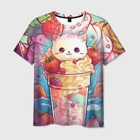Мужская футболка 3D с принтом Клубничное мороженое и котик в Екатеринбурге, 100% полиэфир | прямой крой, круглый вырез горловины, длина до линии бедер | 