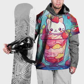 Накидка на куртку 3D с принтом Клубничный  котик в Курске, 100% полиэстер |  | Тематика изображения на принте: 