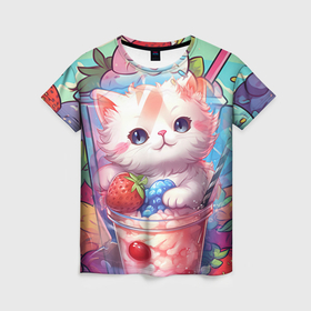 Женская футболка 3D с принтом Котик в  фруктовом мороженом в Курске, 100% полиэфир ( синтетическое хлопкоподобное полотно) | прямой крой, круглый вырез горловины, длина до линии бедер | 