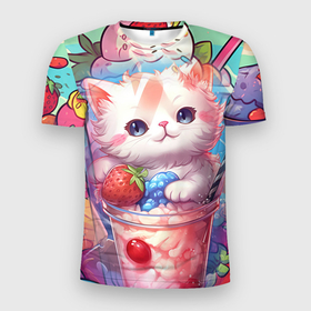 Мужская футболка 3D Slim с принтом Котик в  фруктовом мороженом в Новосибирске, 100% полиэстер с улучшенными характеристиками | приталенный силуэт, круглая горловина, широкие плечи, сужается к линии бедра | Тематика изображения на принте: 