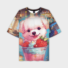 Мужская футболка oversize 3D с принтом Милый белый щенок в коктейле в Кировске,  |  | 