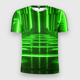 Мужская футболка 3D Slim с принтом Зеленые световые объекты в Кировске, 100% полиэстер с улучшенными характеристиками | приталенный силуэт, круглая горловина, широкие плечи, сужается к линии бедра | 