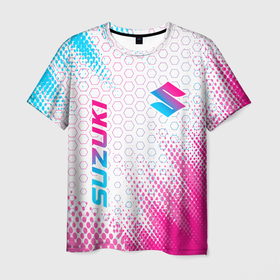 Мужская футболка 3D с принтом Suzuki neon gradient style: надпись, символ , 100% полиэфир | прямой крой, круглый вырез горловины, длина до линии бедер | 