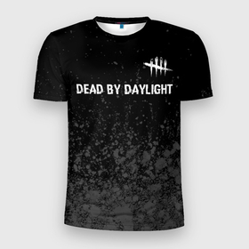 Мужская футболка 3D Slim с принтом Dead by Daylight glitch на темном фоне: символ сверху в Екатеринбурге, 100% полиэстер с улучшенными характеристиками | приталенный силуэт, круглая горловина, широкие плечи, сужается к линии бедра | 