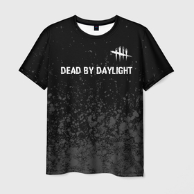 Мужская футболка 3D с принтом Dead by Daylight glitch на темном фоне: символ сверху в Екатеринбурге, 100% полиэфир | прямой крой, круглый вырез горловины, длина до линии бедер | 