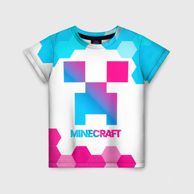 Детская футболка 3D с принтом Minecraft neon gradient style в Белгороде, 100% гипоаллергенный полиэфир | прямой крой, круглый вырез горловины, длина до линии бедер, чуть спущенное плечо, ткань немного тянется | Тематика изображения на принте: 