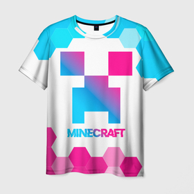 Мужская футболка 3D с принтом Minecraft neon gradient style в Курске, 100% полиэфир | прямой крой, круглый вырез горловины, длина до линии бедер | Тематика изображения на принте: 