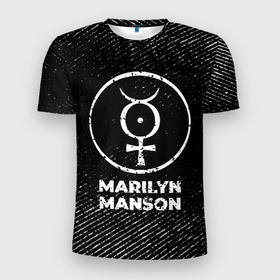 Мужская футболка 3D Slim с принтом Marilyn Manson с потертостями на темном фоне в Санкт-Петербурге, 100% полиэстер с улучшенными характеристиками | приталенный силуэт, круглая горловина, широкие плечи, сужается к линии бедра | 