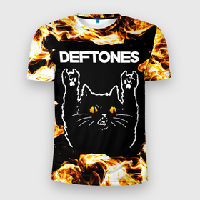 Мужская футболка 3D Slim с принтом Deftones рок кот и огонь , 100% полиэстер с улучшенными характеристиками | приталенный силуэт, круглая горловина, широкие плечи, сужается к линии бедра | Тематика изображения на принте: 