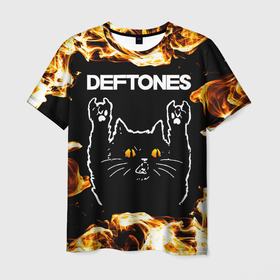 Мужская футболка 3D с принтом Deftones рок кот и огонь в Курске, 100% полиэфир | прямой крой, круглый вырез горловины, длина до линии бедер | Тематика изображения на принте: 