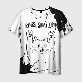 Мужская футболка 3D с принтом Sex Pistols рок кот на светлом фоне в Тюмени, 100% полиэфир | прямой крой, круглый вырез горловины, длина до линии бедер | 