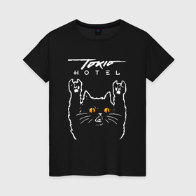 Женская футболка хлопок с принтом Tokio Hotel rock cat в Санкт-Петербурге, 100% хлопок | прямой крой, круглый вырез горловины, длина до линии бедер, слегка спущенное плечо | 