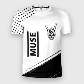 Мужская футболка 3D Slim с принтом Muse и рок символ на светлом фоне в Новосибирске, 100% полиэстер с улучшенными характеристиками | приталенный силуэт, круглая горловина, широкие плечи, сужается к линии бедра | 