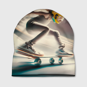 Шапка 3D с принтом Девушка катается на скейте в шлеме в Новосибирске, 100% полиэстер | универсальный размер, печать по всей поверхности изделия | Тематика изображения на принте: 