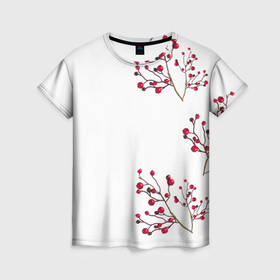Женская футболка 3D с принтом ветка краной рябины в Тюмени, 100% полиэфир ( синтетическое хлопкоподобное полотно) | прямой крой, круглый вырез горловины, длина до линии бедер | 