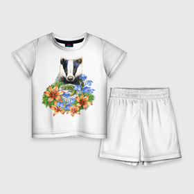 Детский костюм с шортами 3D с принтом Барсук и лилии ,  |  | Тематика изображения на принте: 