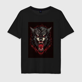 Мужская футболка хлопок Oversize с принтом Черный  волк в Курске, 100% хлопок | свободный крой, круглый ворот, “спинка” длиннее передней части | 