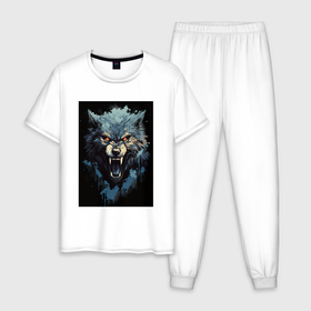 Мужская пижама хлопок с принтом Серый волк и синии брызги в Санкт-Петербурге, 100% хлопок | брюки и футболка прямого кроя, без карманов, на брюках мягкая резинка на поясе и по низу штанин
 | 