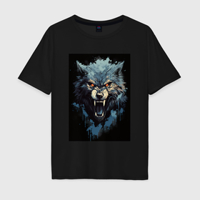 Мужская футболка хлопок Oversize с принтом Серый волк и синии брызги в Екатеринбурге, 100% хлопок | свободный крой, круглый ворот, “спинка” длиннее передней части | 