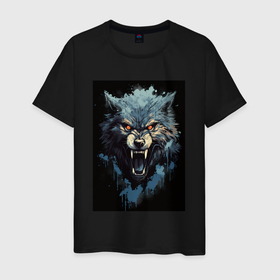 Мужская футболка хлопок с принтом Серый волк и синии брызги в Екатеринбурге, 100% хлопок | прямой крой, круглый вырез горловины, длина до линии бедер, слегка спущенное плечо. | 