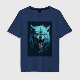 Мужская футболка хлопок Oversize с принтом Blue  wolf в Белгороде, 100% хлопок | свободный крой, круглый ворот, “спинка” длиннее передней части | 
