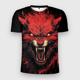 Мужская футболка 3D Slim с принтом Red   wolf в Санкт-Петербурге, 100% полиэстер с улучшенными характеристиками | приталенный силуэт, круглая горловина, широкие плечи, сужается к линии бедра | 