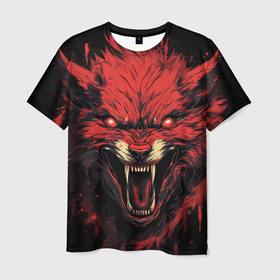 Мужская футболка 3D с принтом Red   wolf в Кировске, 100% полиэфир | прямой крой, круглый вырез горловины, длина до линии бедер | 