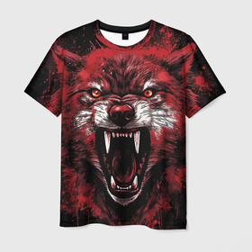 Мужская футболка 3D с принтом Red      wolf в Петрозаводске, 100% полиэфир | прямой крой, круглый вырез горловины, длина до линии бедер | 