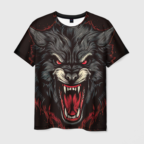 Мужская футболка 3D с принтом Злой  серый  волк в Курске, 100% полиэфир | прямой крой, круглый вырез горловины, длина до линии бедер | 
