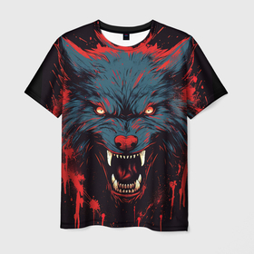 Мужская футболка 3D с принтом Red  blue wolf в Курске, 100% полиэфир | прямой крой, круглый вырез горловины, длина до линии бедер | 