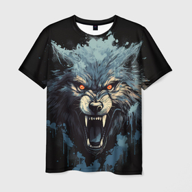 Мужская футболка 3D с принтом Blue black  wolf , 100% полиэфир | прямой крой, круглый вырез горловины, длина до линии бедер | 